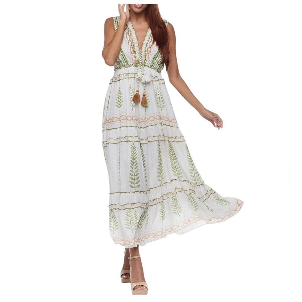NWT Ranees Floral Beaded Embroidered Boho Maxi Dress Sundress White Size S/M